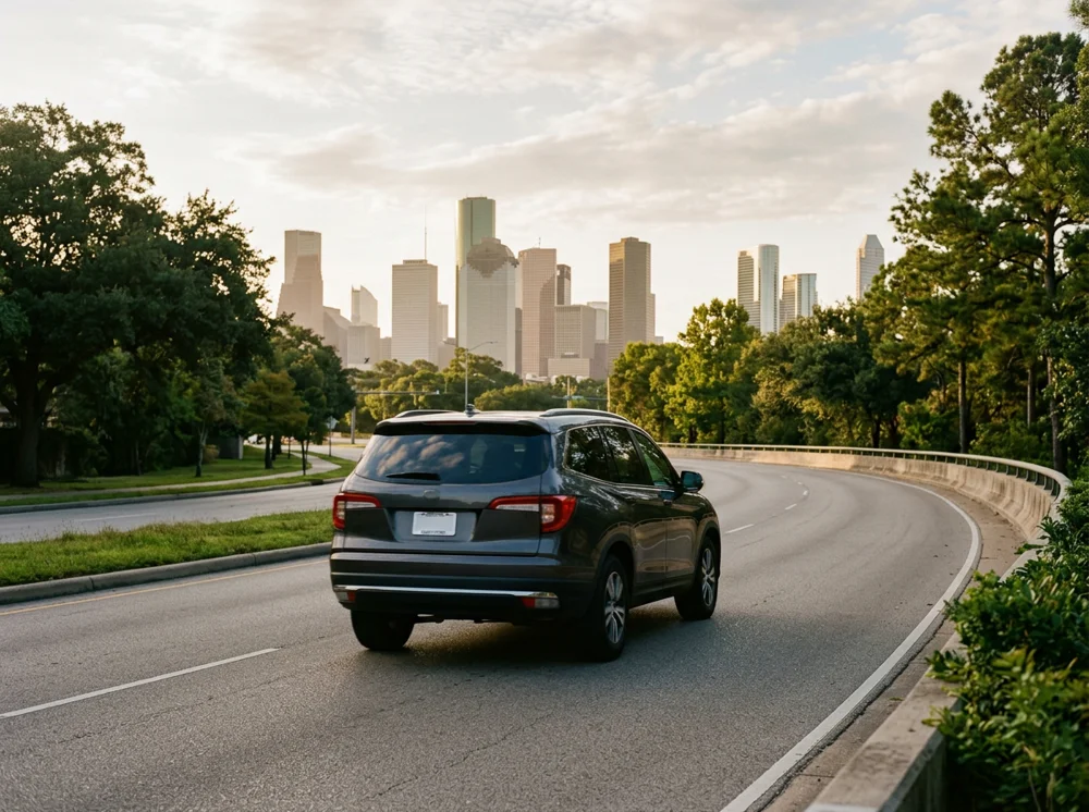 Illustrative scene of a passenger vehicle traveling toward the Houston skyline